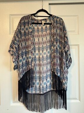 Xhilaration Blue Multi Aztec Fringe Kimono